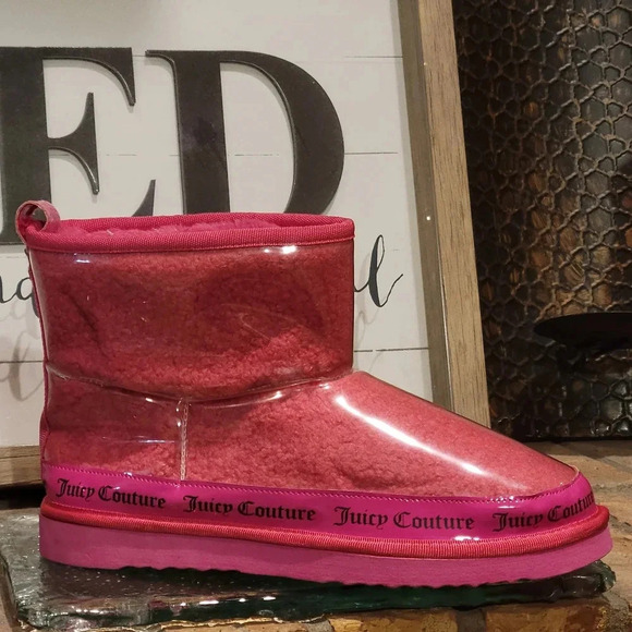 JUICY COUTURE Klash Faux Fur Lined PVC Shell Boots Hot Pink Sz 10 - Picture 1 of 10
